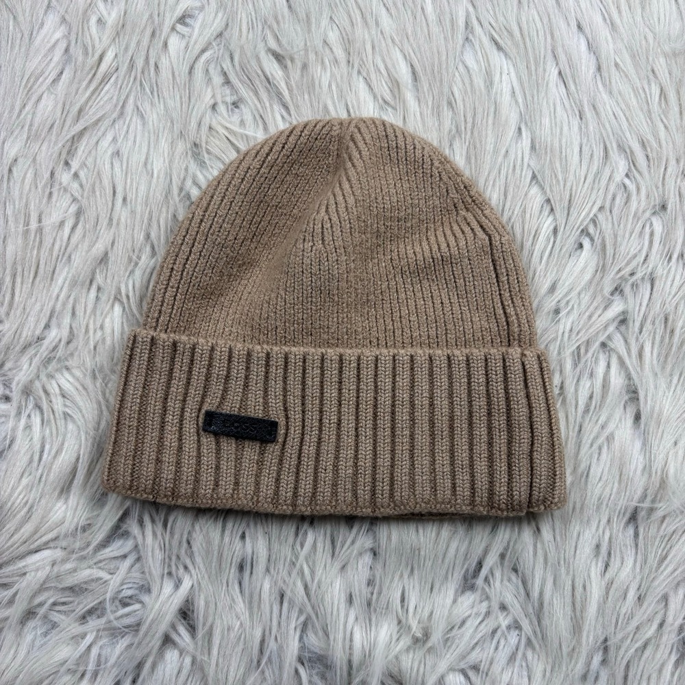 BOSS Black Logo Plaque Beanie Hat Tan Brown Ribbed Wool 10250850 Quiet Luxury